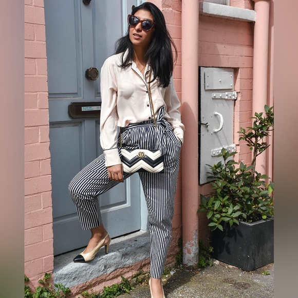 Zara Basic Navy & White Vertical Stripe High-Rise Paperbag Style Belted Pants - Picture 5 of 16